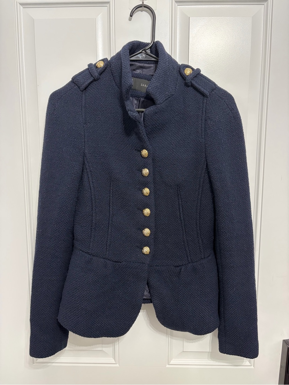 Zara Basic Navy Blue Boucle Military Style Frock Jacket Blazer - Size Small